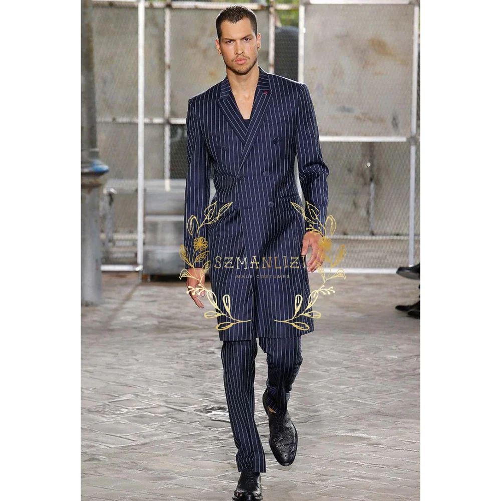 Men Formal Wear Modern - Formeel herenpak 2-delig marineblauw gestreept lange